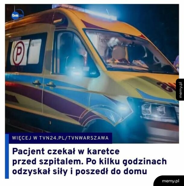 Zdjęcie karetki pogotowia nocą z podpisem o pacjencie