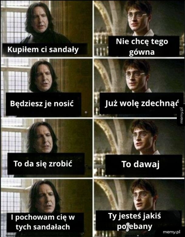 Mem z Harrym Potterem i Severusem Snapem rozmawiającymi o sandałach