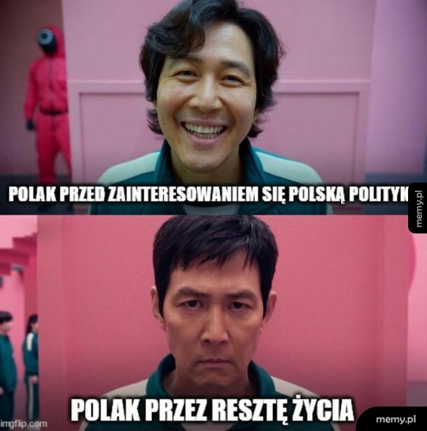Mężczyzna z serialu Squid Game uśmiechnięty, a na dole ten sam mężczyzna z ponurą miną.