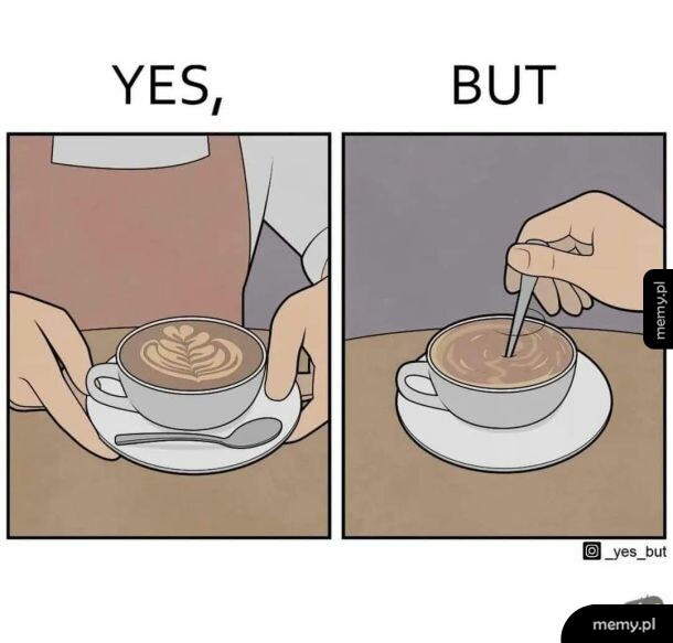 Komiks z dwoma kadrami: filiżanka z pięknym latte art i mieszanie kawy łyżeczką.