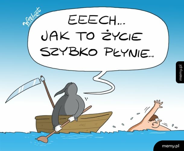 Rysunek satyryczny przedstawiający Śmierć w łodzi i płynącego obok człowieka.
