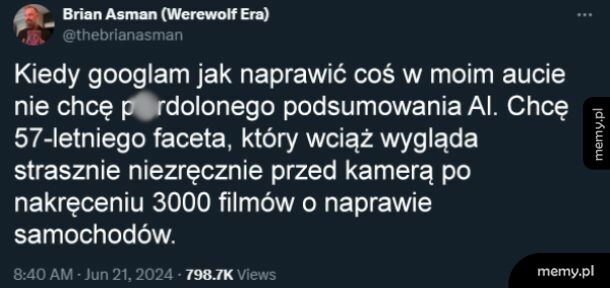 Zrzut ekranu tweeta użytkownika Brian Asman o naprawie auta i AI.