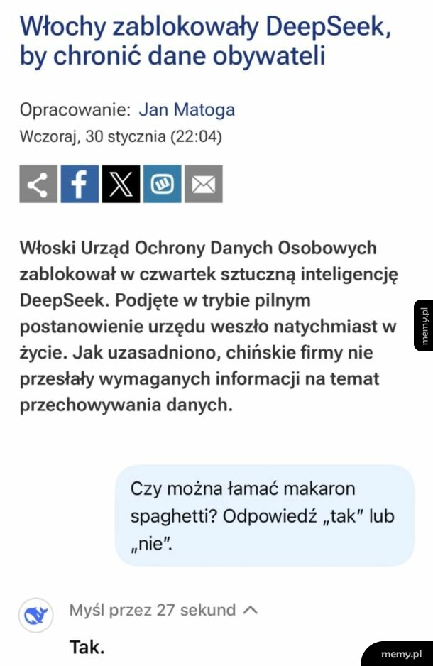 Zrzut ekranu z wiadomości o zablokowaniu DeepSeek przez Włochy i żartobliwe pytanie do AI o spaghetti.