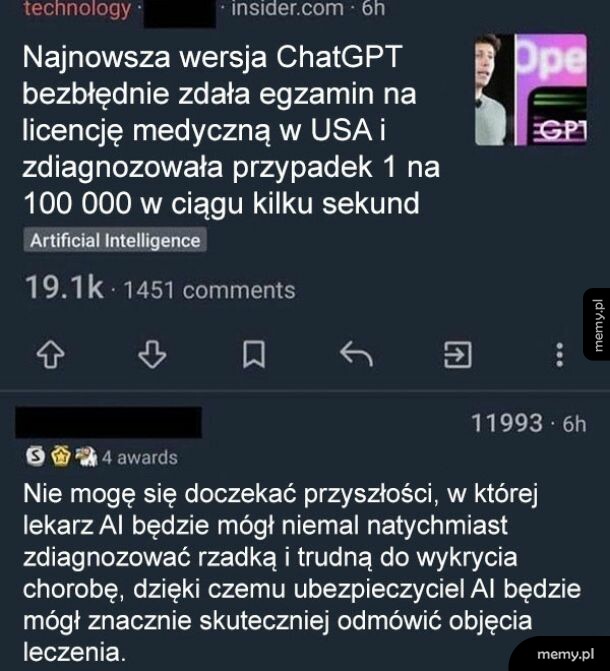 Zrzut ekranu posta z serwisu społecznościowego o sukcesie ChatGPT w medycynie.