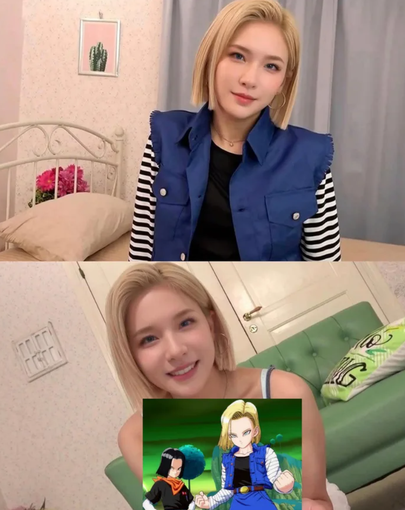 Kobieta o blond włosach cosplayująca Android 18 z Dragon Ball.