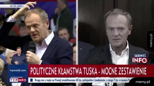 Dwa kadry z Donaldem Tuskiem w TVP Info z paskiem o kłamstwach