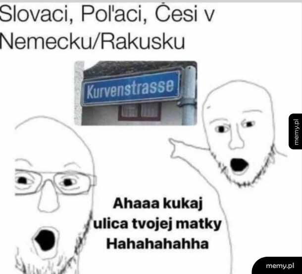 Mem z postaciami wskazującymi na niemiecką tablicę ulicy Kurvenstrasse.