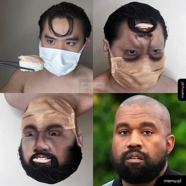 Cosplay niskobudżetowy przedstawiający twarz Kanye Westa za pomocą maseczki i makijażu