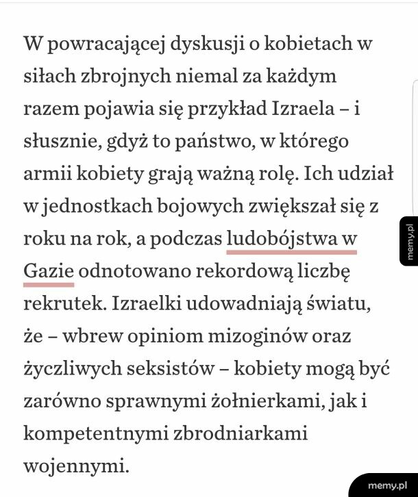 Tekst publicystyczny na białym tle omawiający rolę kobiet w armii Izraela.