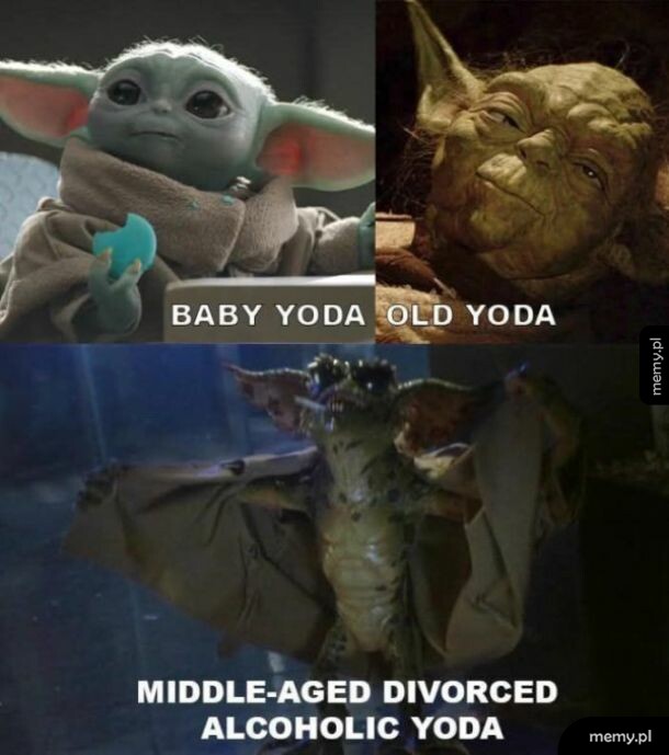 Porównanie trzech wersji Yody w różnych etapach życia: Baby Yoda, Old Yoda i Middle-Aged Divorced Alcoholic Yoda.