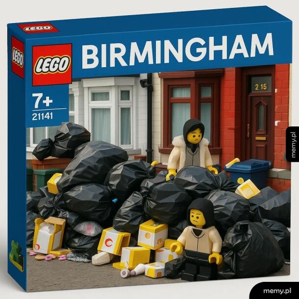 Pudełko klocków LEGO z napisem Birmingham i postaciami wśród śmieci.