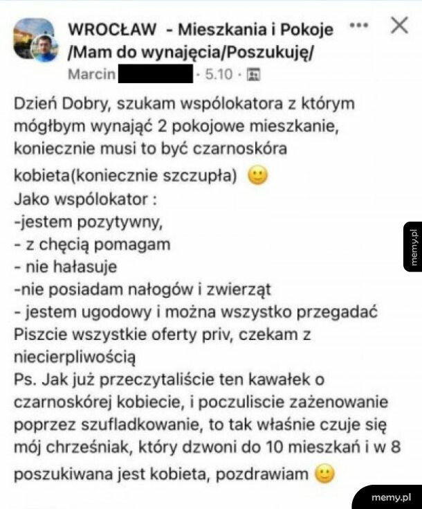 Zrzut ekranu posta z grupy na Facebooku dotyczącego wynajmu mieszkania we Wrocławiu.