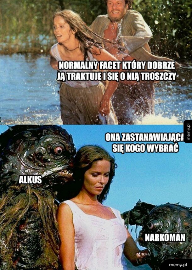 Mężczyzna uciekający z kobietą oraz kobieta stojąca obok potworów z rzeki.