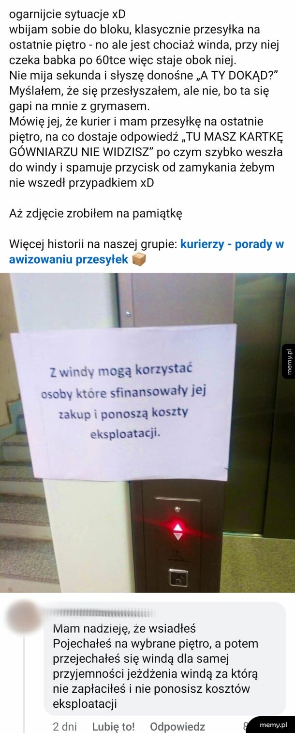 Zdjęcie kartki z napisem o windzie powieszonej w bloku.