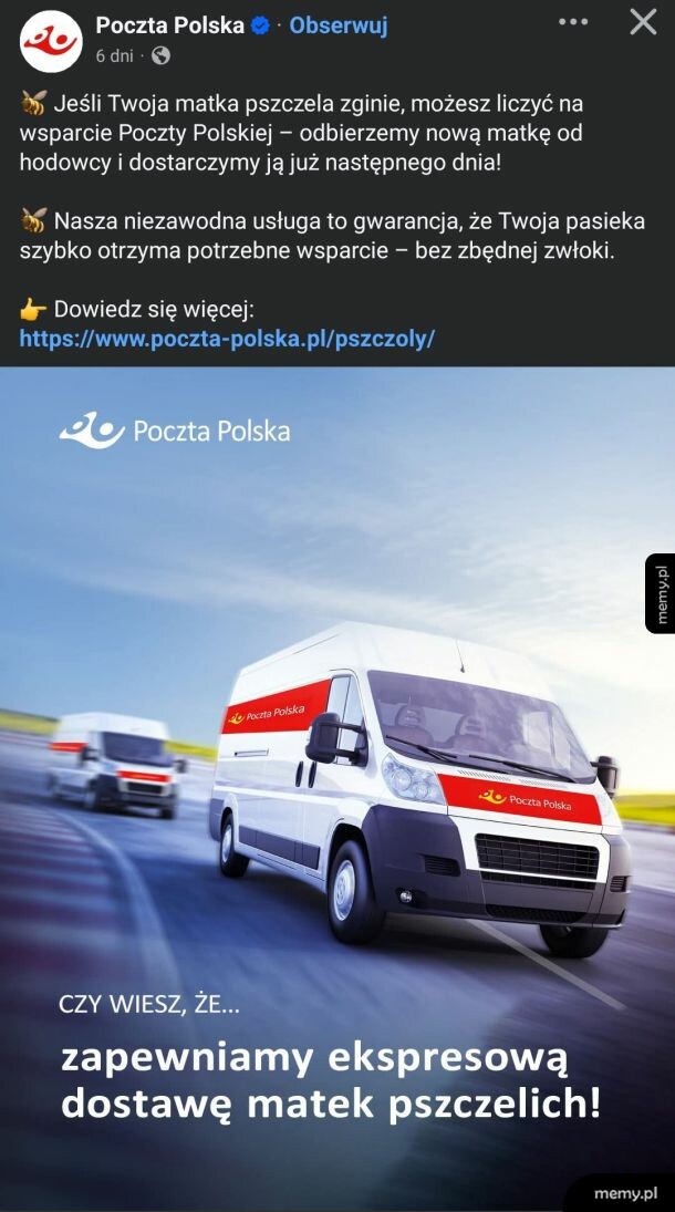 Post Poczty Polskiej o ekspresowej dostawie matek pszczelich z autem dostawczym w tle.