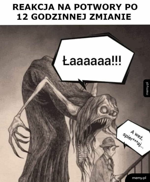 Straszny potwór krzyczy na przerażonego mężczyznę na schodach