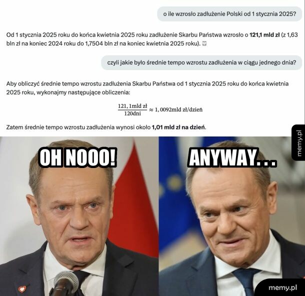 Mem z Donaldem Tuskiem i obliczeniami wzrostu zadĹ‚uĹĽenia Polski