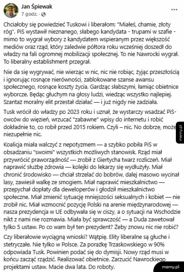 Zrzut ekranu posta Jana Śpiewaka na Facebooku o polityce.