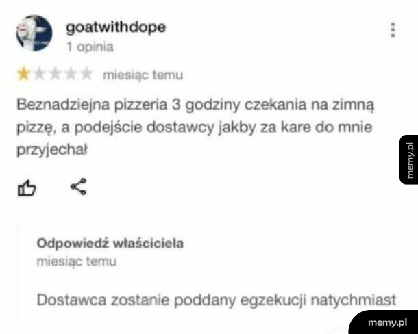 Zrzut ekranu negatywnej opinii o pizzerii i ironicznej odpowiedzi właściciela.