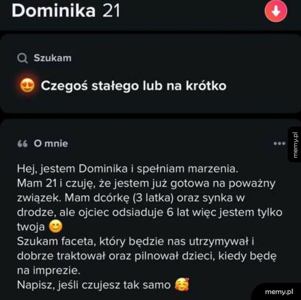 Zrzut ekranu profilu z aplikacji randkowej przedstawiający opis użytkowniczki Dominiki