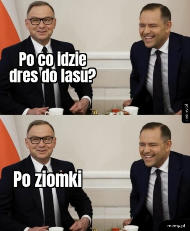 Mem z Andrzejem Dudą i Tobiaszem Bocheńskim opowiadającym żart.