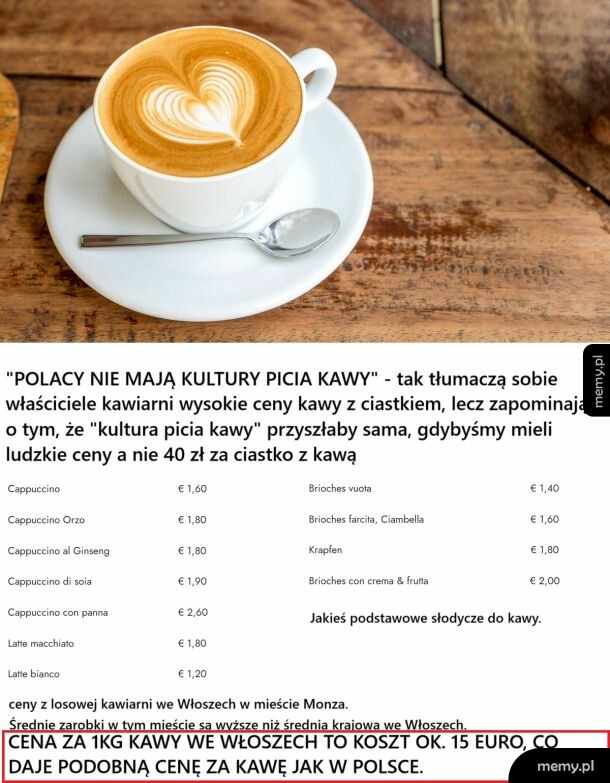 Filiżanka kawy z serduszkiem z pianki i cennik włoskiej kawiarni z niskimi cenami