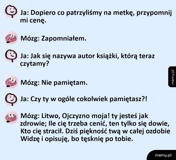 Rozmowa między człowiekiem a jego mózgiem na temat pamięci.