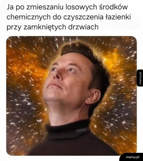 Elon Musk na tle kosmosu z wzniesioną głową