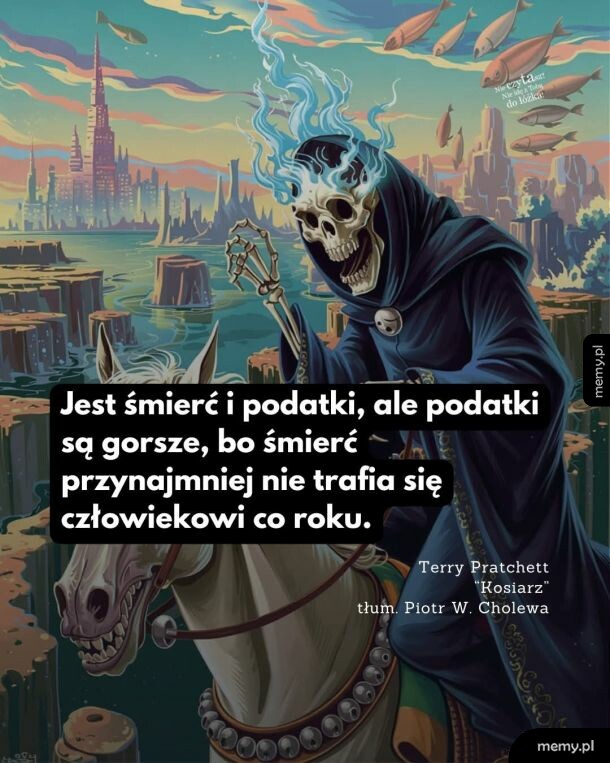 Śmierć na koniu w fantastycznym świecie z rybami latającymi w powietrzu