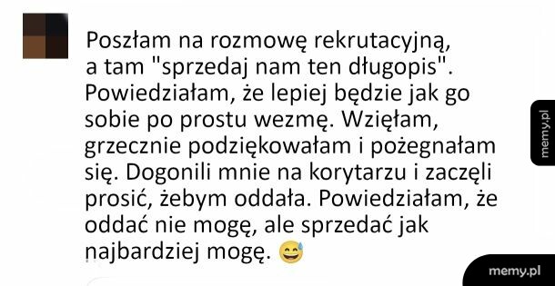 Tekst na białym tle o rozmowie rekrutacyjnej i długopisie.