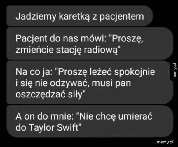 Zrzut ekranu z wiadomościami tekstowymi o rozmowie ratownika medycznego z pacjentem w karetce.