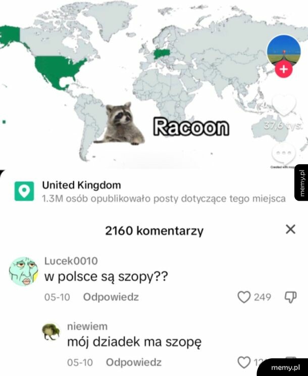 Mapa świata z zaznaczonymi miejscami i komentarze z TikToka o szopach.