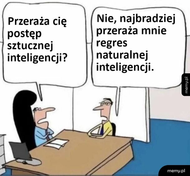 Mem z rozmową dwóch mężczyzn przy biurku o postępie sztucznej inteligencji.