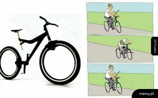 Rower z kołem wplecionym w ramę i komiks z mężczyzną wkładającym kij w szprychy