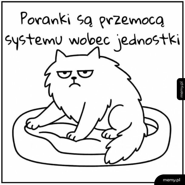 Rysunkowy kot z niezadowoloną miną w legowisku i napis o porankach