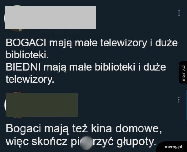 Zrzut ekranu z twittera przedstawiający dwa wpisy na temat bogatych i biednych.
