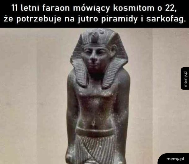 Kamienny posąg starożytnego faraona z napisem u góry