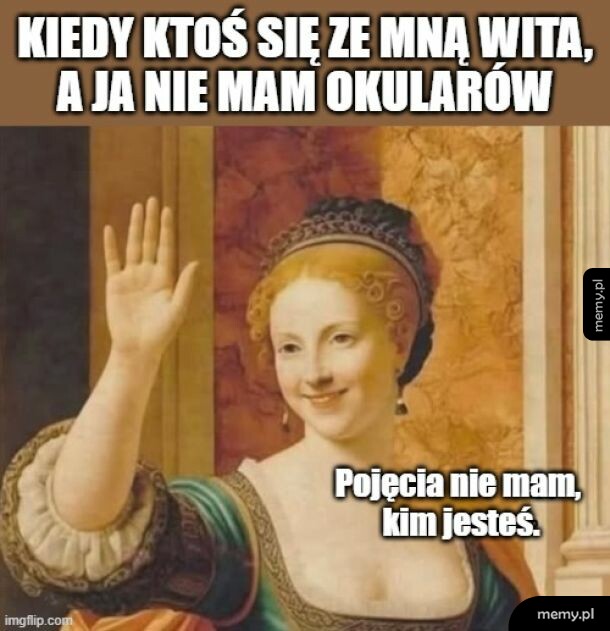 Mem z renesansowym obrazem kobiety machającej na powitanie.