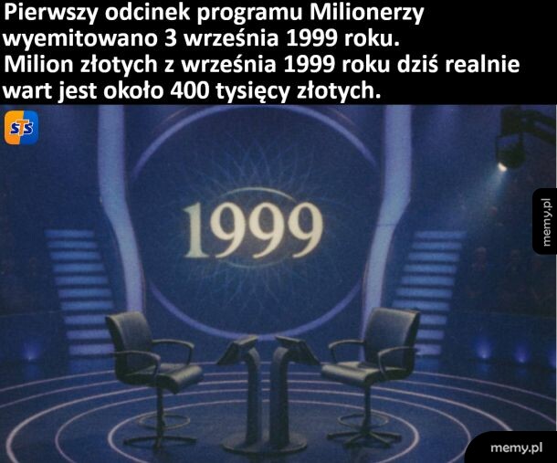 Studio programu Milionerzy z rokiem 1999 w tle i fotelem gracza