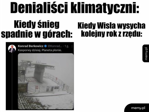 Mem o denialiście klimatycznym pokazującym śnieg w górach i ignorującym wysychającą Wisłę.