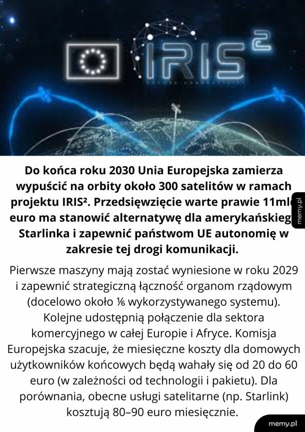 Grafika informacyjna o unijnym projekcie satelitarnym IRIS2 z widokiem Ziemi i satelitów.