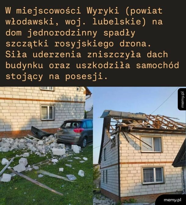 Zdjęcia zniszczonego domu i samochodu po upadku szczątków drona w miejscowości Wyryki.
