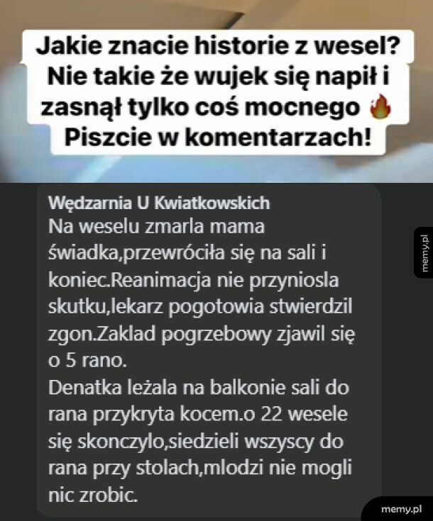 Zrzut ekranu z pytaniem o mocne historie z wesel i szokującym komentarzem.