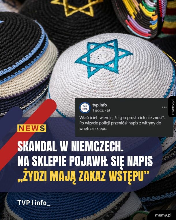 Jarmułki na tle napisu o skandalu w Niemczech i zakazie wstępu dla Żydów.