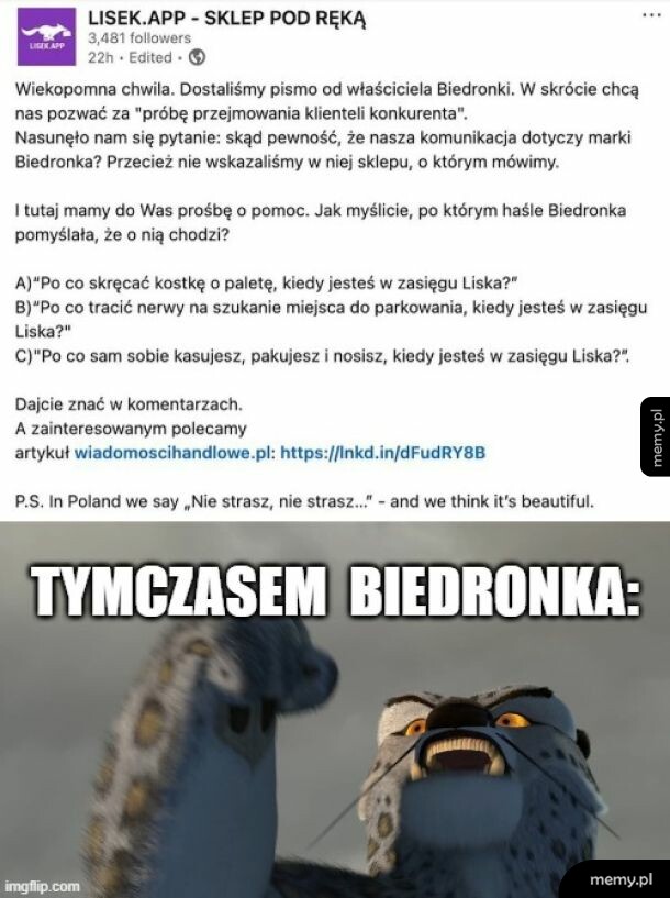 Post Lisek.app z Biedronką i mem z Kung Fu Pandą
