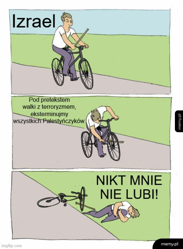 Mężczyzna jedzie na rowerze, wsadza kij w szprychy i przewraca się.