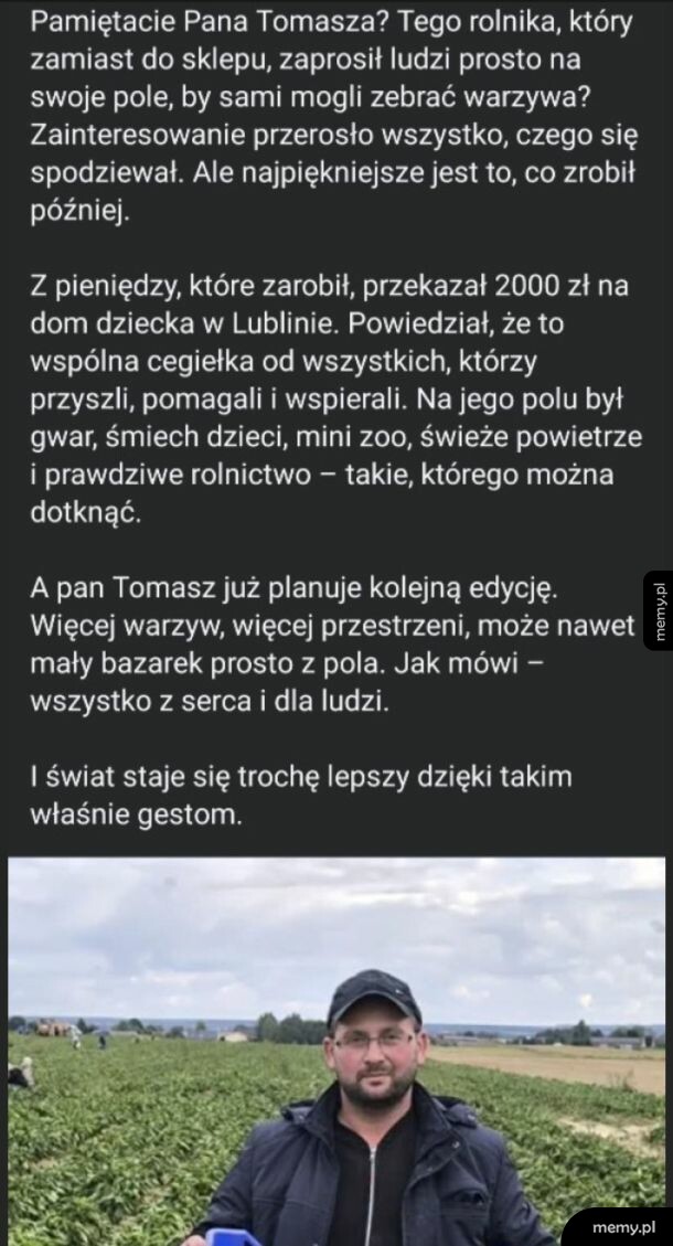 Zdjęcie rolnika pana Tomasza na tle pola i uśmiechnięty tekst o jego inicjatywie.