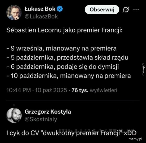 Zrzut ekranu z wpisem na Twitterze na temat premiera Francji.