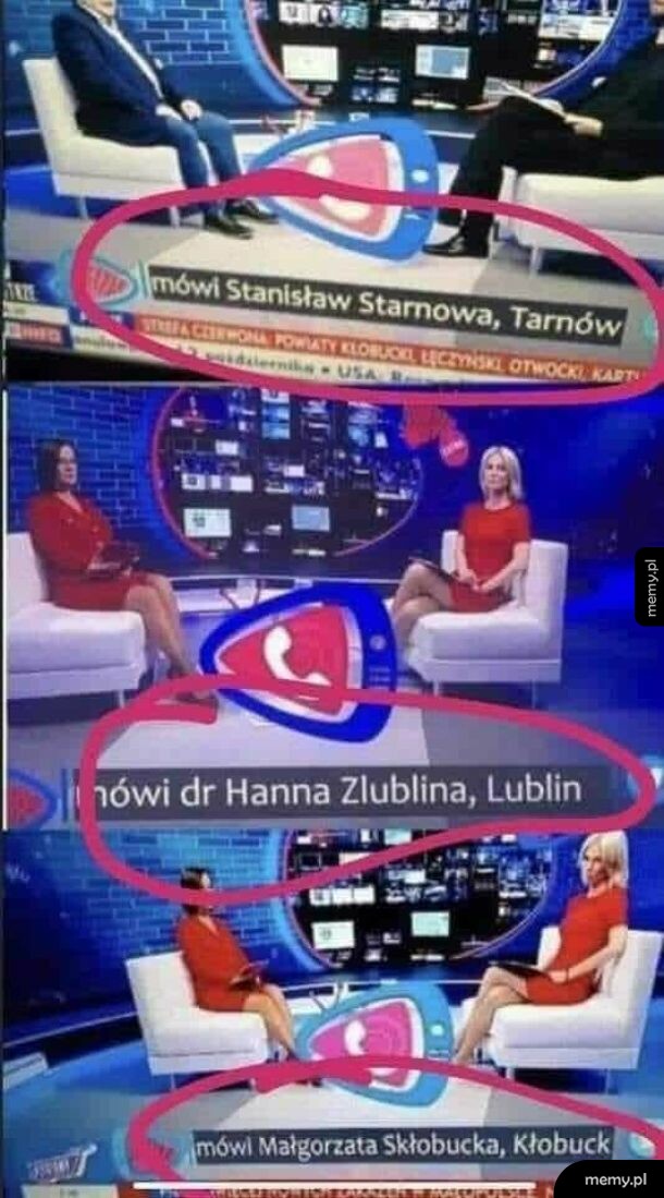 Trzy kadry z programu telewizyjnego z zabawnymi nazwiskami i miastami pasującymi do nich