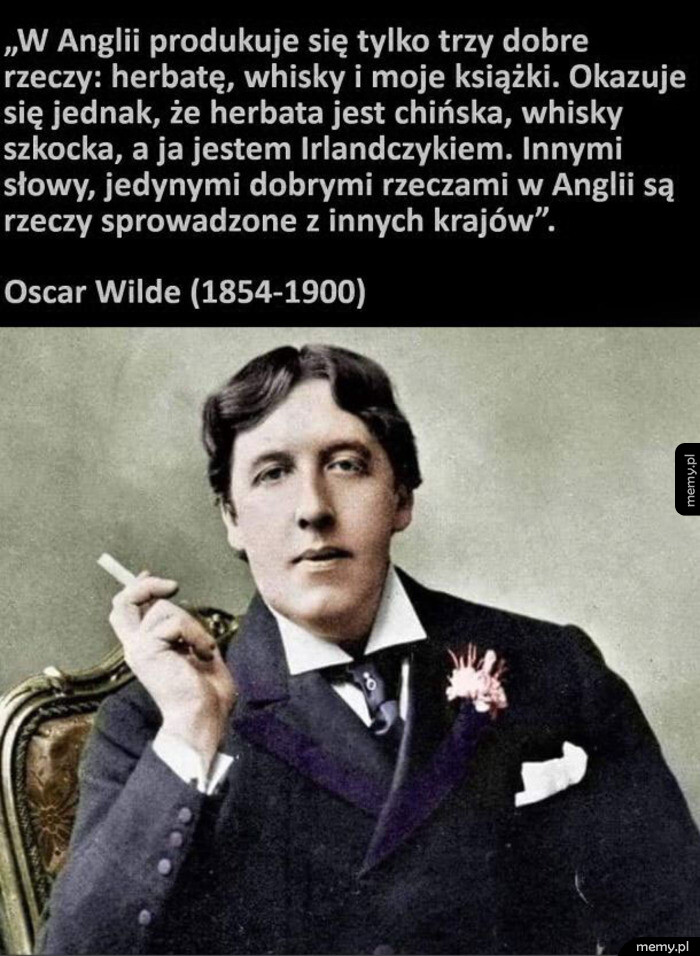 Portret Oscara Wilde'a z cygarem w ręku i cytat na czarnym tle u góry.